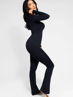 Popilush Wide Leg Long Sleeve Built-in Bra Jumpsuit