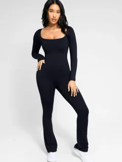 Popilush Wide Leg Long Sleeve Built-in Bra Jumpsuit