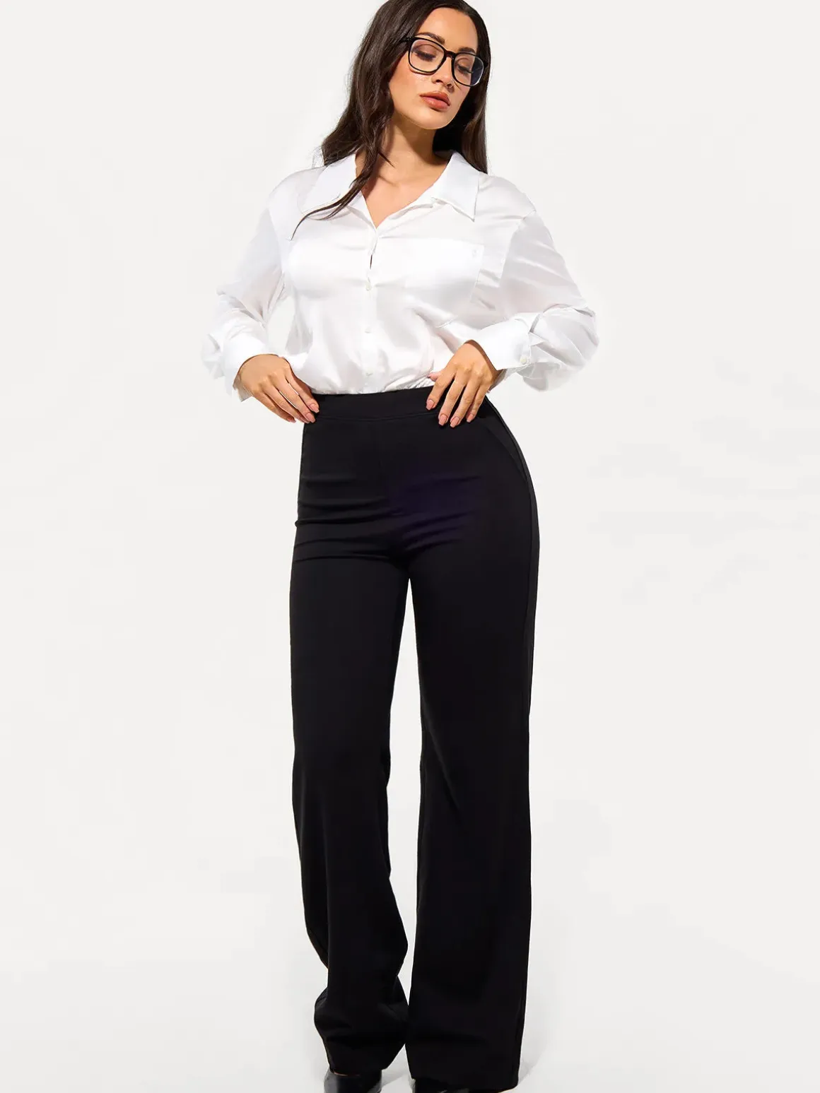 Poplin Long Sleeve Silky Shirt Tummy Control Bodysuit