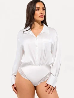 Poplin Long Sleeve Silky Shirt Tummy Control Bodysuit