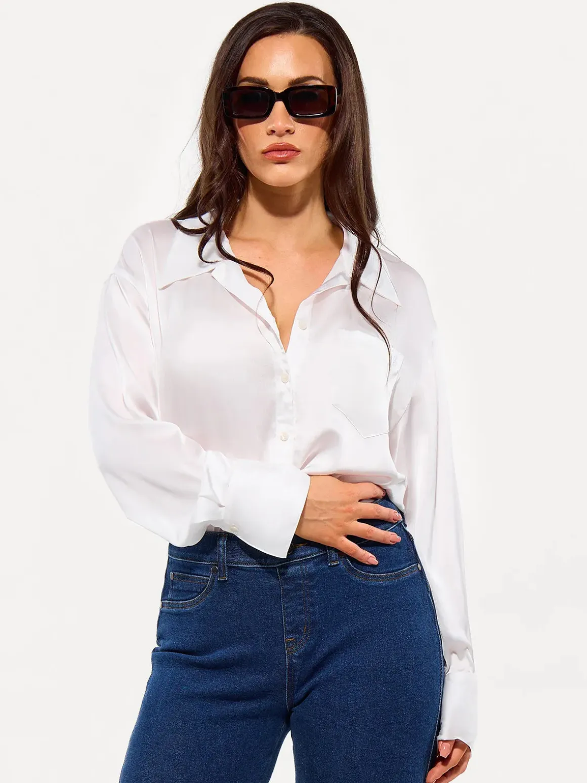 Poplin Long Sleeve Silky Shirt Tummy Control Bodysuit