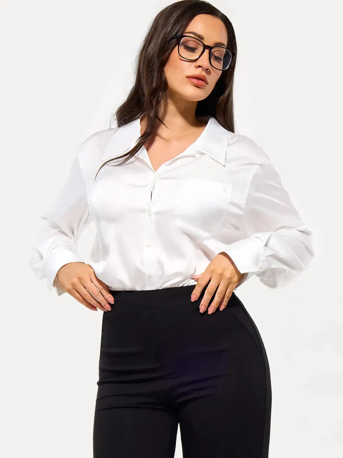 Poplin Long Sleeve Silky Shirt Tummy Control Bodysuit
