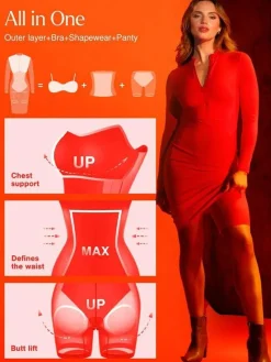 Redtag Thermal Shapewear Long Sleeve Mock Neck Midi Dress