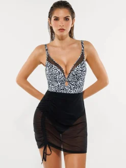 Sculpting Curve Mesh Skirt One-Piece Swimsuit
