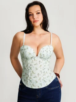 Sculpting Push-Up Lace Floral Boned Convertible Strap Corset Top