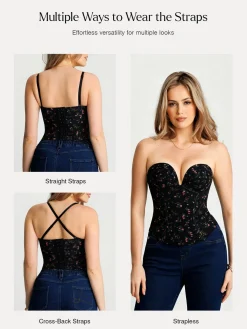 Sculpting Push-Up Lace Floral Boned Convertible Strap Corset Top