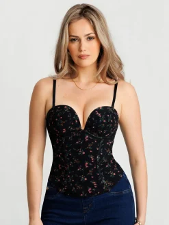 Sculpting Push-Up Lace Floral Boned Convertible Strap Corset Top