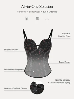 Sculpting Push-Up Lace Floral Boned Convertible Strap Corset Top