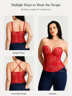 Sculpting Push-Up Lace Floral Boned Convertible Strap Corset Top