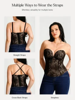 Sculpting Push-Up Lace Floral Boned Convertible Strap Corset Top