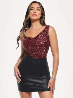 Sequin Cowl Neck Chain Detail Sculpting Bodysuit