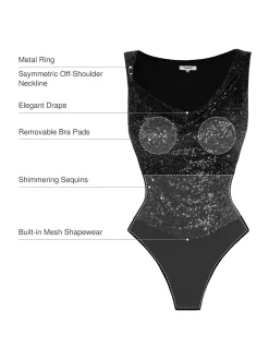 Sequin Cowl Neck Chain Detail Sculpting Bodysuit