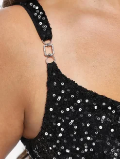 Sequin Cowl Neck Chain Detail Sculpting Bodysuit