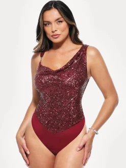 Sequin Cowl Neck Chain Detail Sculpting Bodysuit