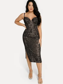Shapewear All-Lace Hourglass Corset Side Slit Midi Dress