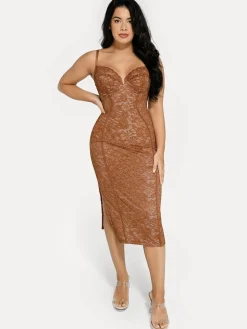 Shapewear All-Lace Hourglass Corset Side Slit Midi Dress