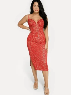 Shapewear All-Lace Hourglass Corset Side Slit Midi Dress