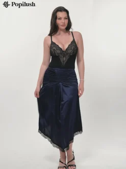 Shapewear Asymmetric Ruched Lace Midi Skirt