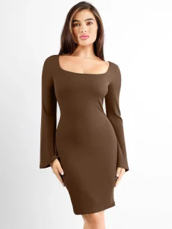 Shapewear Bell Sleeve Square Neck Slimming Midi Dress