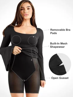 Shapewear Bell Sleeve Square Neck Slimming Midi Dress