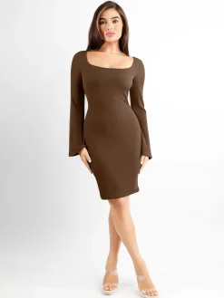 Shapewear Bell Sleeve Square Neck Slimming Midi Dress