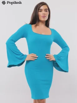 Shapewear Bell Sleeve Square Neck Slimming Midi Dress