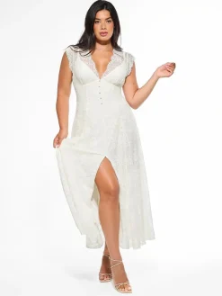 Shapewear Boho Floral Lace Front Slit Maxi Dress