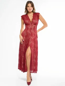 Shapewear Boho Floral Lace Front Slit Maxi Dress