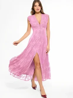 Shapewear Boho Floral Lace Front Slit Maxi Dress