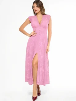 Shapewear Boho Floral Lace Front Slit Maxi Dress