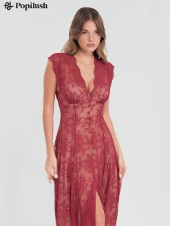 Shapewear Boho Floral Lace Front Slit Maxi Dress