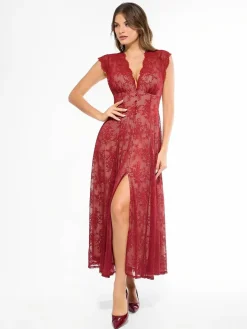 Shapewear Boho Floral Lace Front Slit Maxi Dress