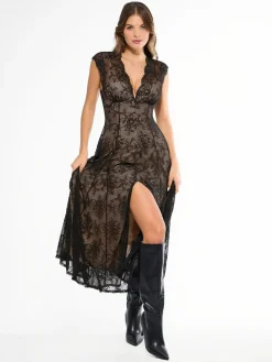 Shapewear Boho Floral Lace Front Slit Maxi Dress