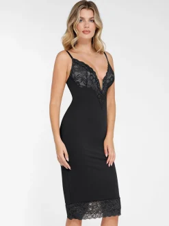 Shapewear Built-In Sculpting Lace Trim Midi Slip Dress