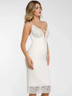 Shapewear Built-In Sculpting Lace Trim Midi Slip Dress