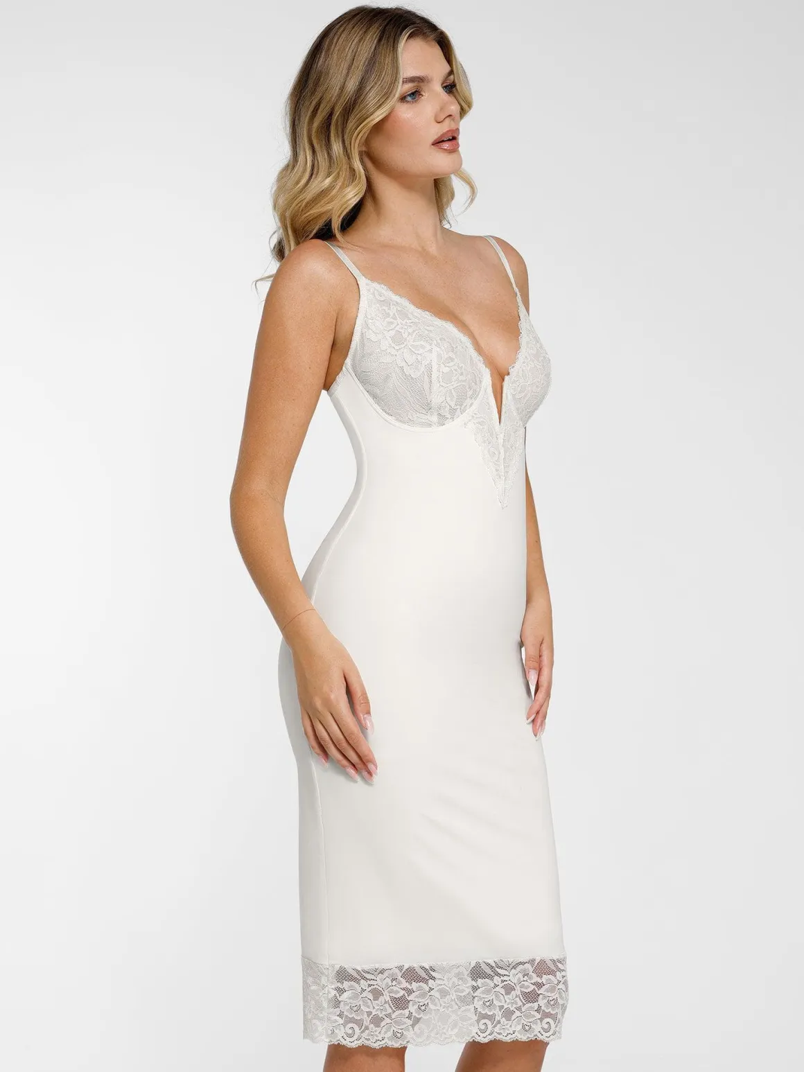 Shapewear Built-In Sculpting Lace Trim Midi Slip Dress