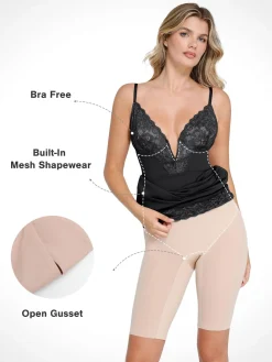 Shapewear Built-In Sculpting Lace Trim Midi Slip Dress