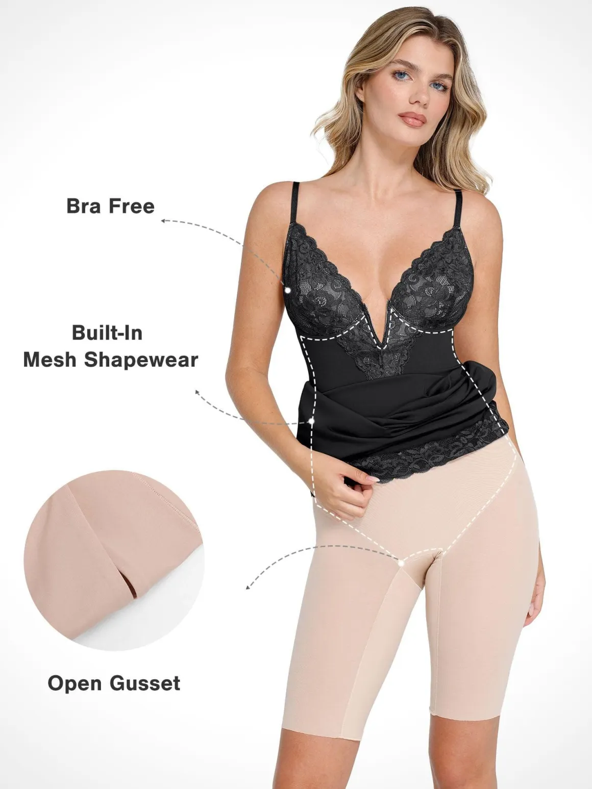 Shapewear Built-In Sculpting Lace Trim Midi Slip Dress