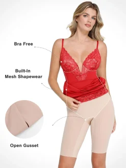 Shapewear Built-In Sculpting Lace Trim Midi Slip Dress