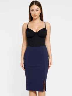 Shapewear Built-In Sculpting Front Slit Midi Work Skirt