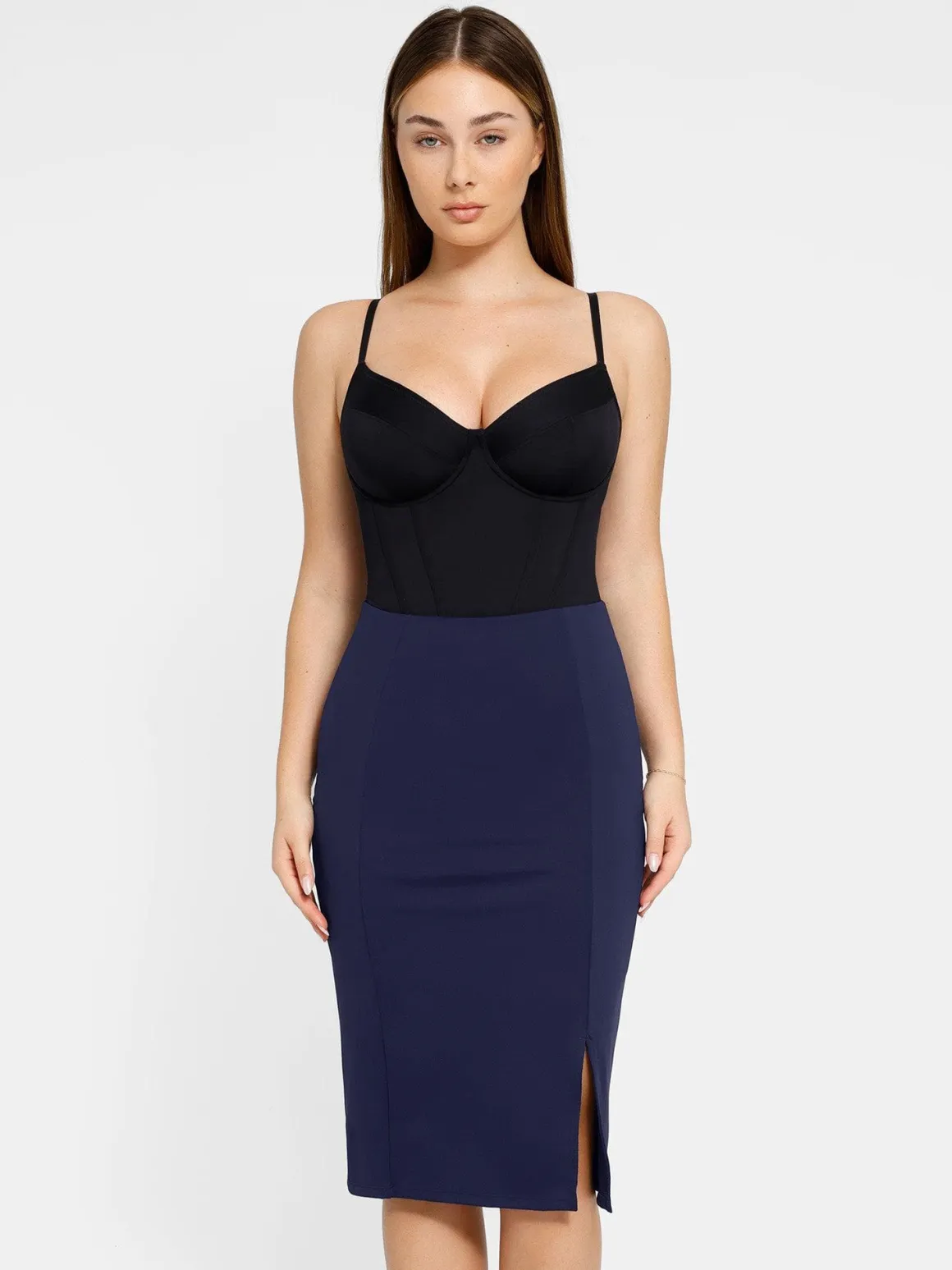 Shapewear Built-In Sculpting Front Slit Midi Work Skirt