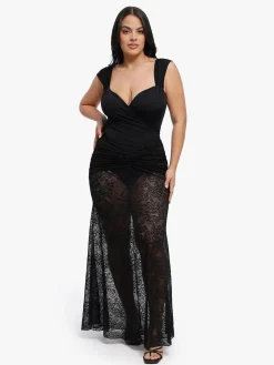Shapewear Cap Sleeve Bodysuit Lace Fishtail Coverup Skirt Set