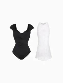 Shapewear Cap Sleeve Bodysuit Lace Fishtail Coverup Skirt Set