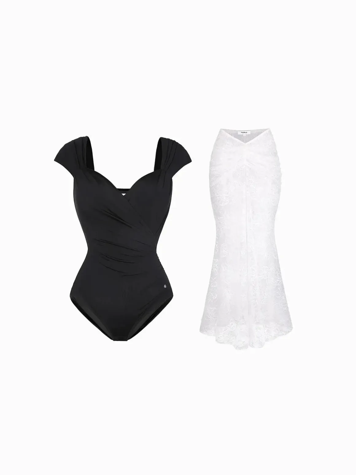 Shapewear Cap Sleeve Bodysuit Lace Fishtail Coverup Skirt Set