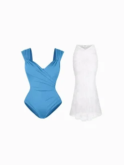 Shapewear Cap Sleeve Bodysuit Lace Fishtail Coverup Skirt Set