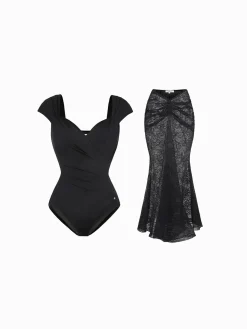 Shapewear Cap Sleeve Bodysuit Lace Fishtail Coverup Skirt Set