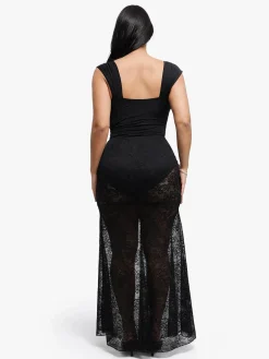 Shapewear Cap Sleeve Bodysuit Lace Fishtail Coverup Skirt Set