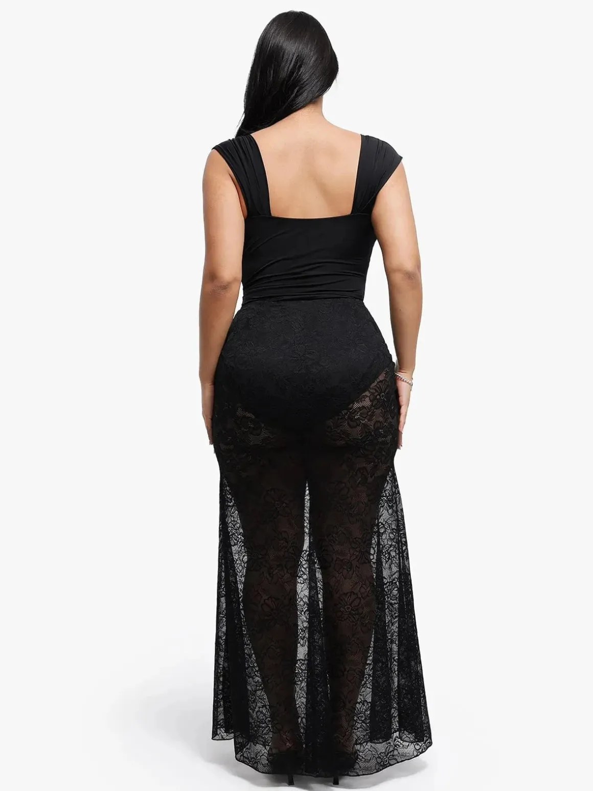 Shapewear Cap Sleeve Bodysuit Lace Fishtail Coverup Skirt Set