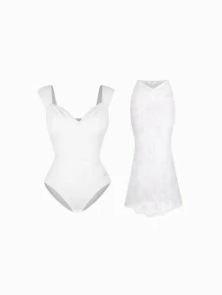 Shapewear Cap Sleeve Bodysuit Lace Fishtail Coverup Skirt Set