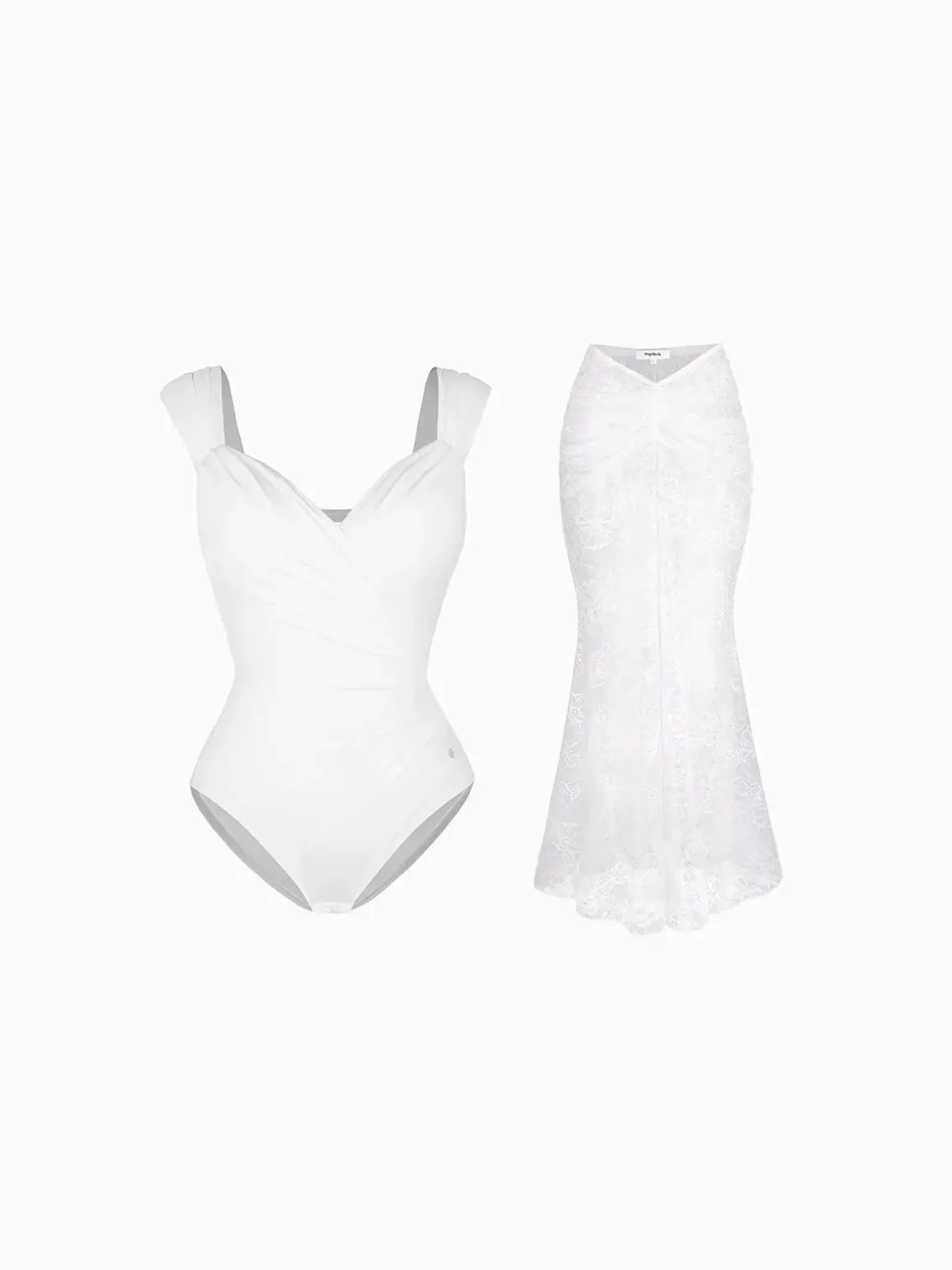 Shapewear Cap Sleeve Bodysuit Lace Fishtail Coverup Skirt Set